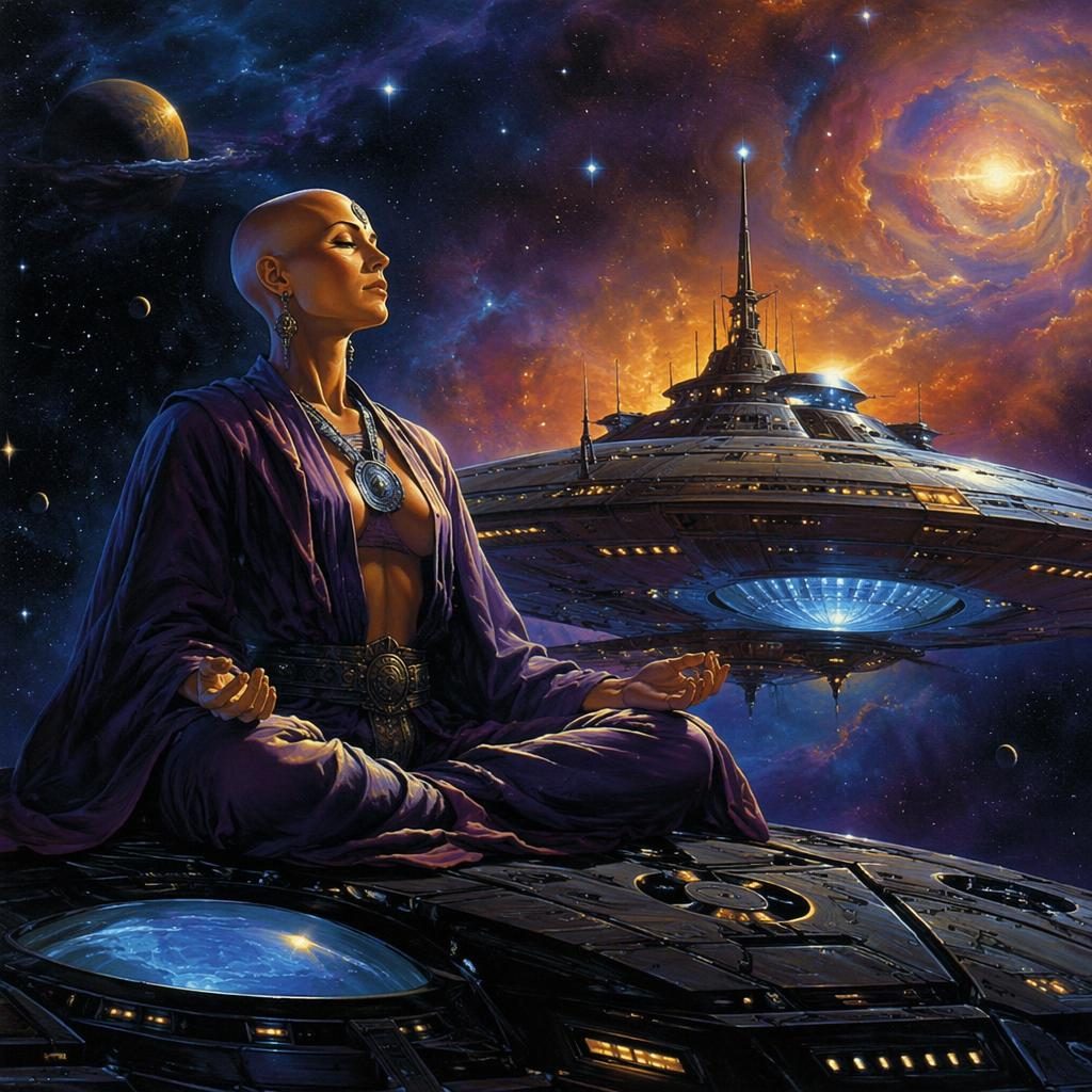 Retro 1980s fantasy-style spacecraft concept with an astral wanderer monk theme, glowing space backdrop, and triumphant mood.