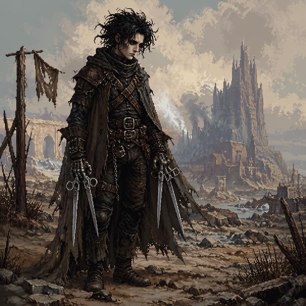 Pixel art of a melancholic wasteland nomad creature in medieval realistic armor under atmospheric light