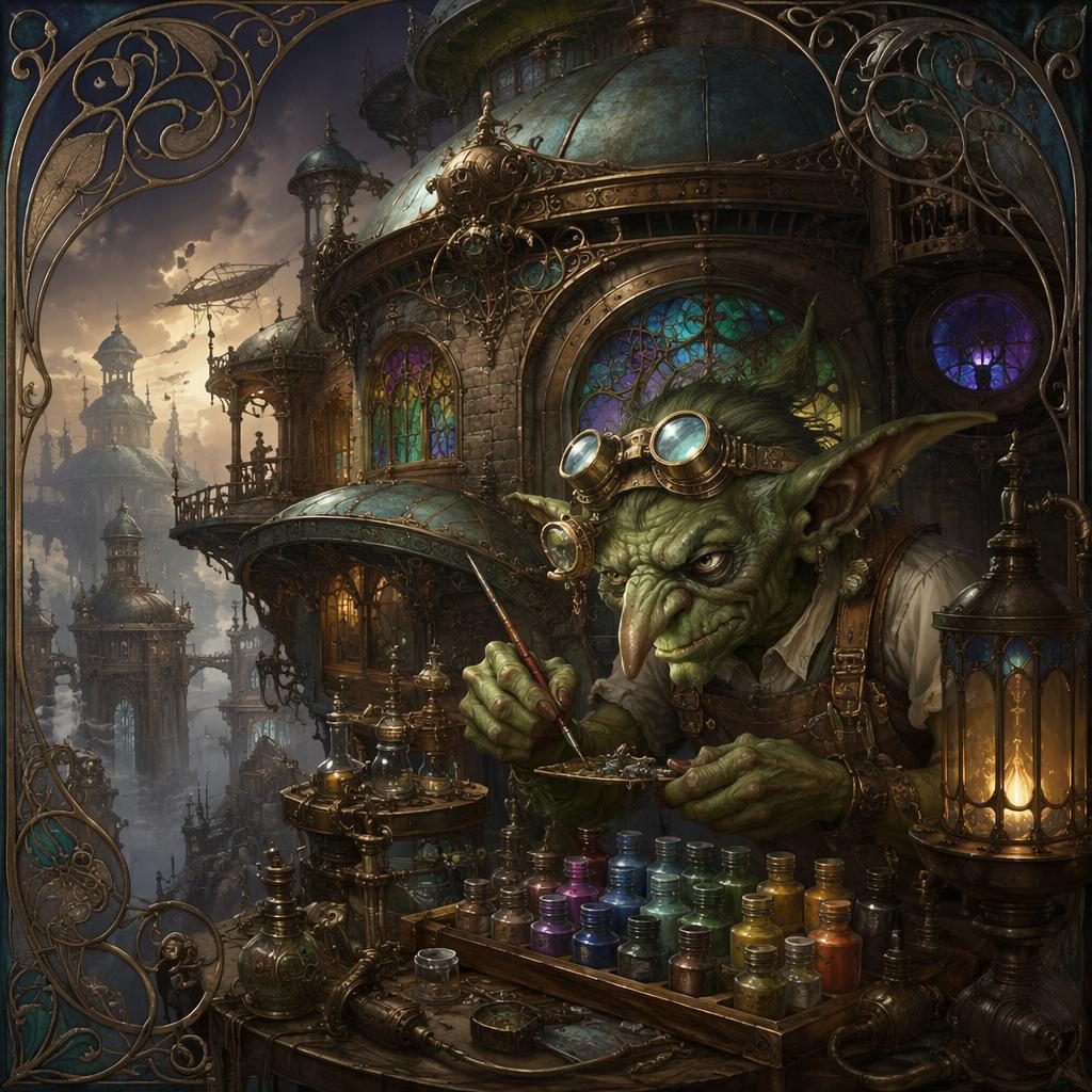 Mysterious steampunk goblin tinker workshop with art nouveau architecture, glowing vials, brass machinery, and painterly light