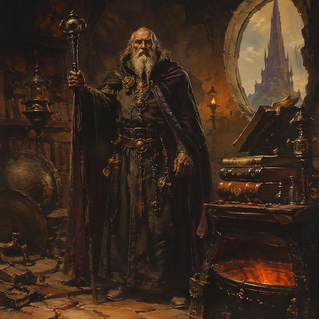 Fantasy concept art: mage tower keeper. Genre: dieselpunk, subject type: full-body character. Art style: dark moody oil 