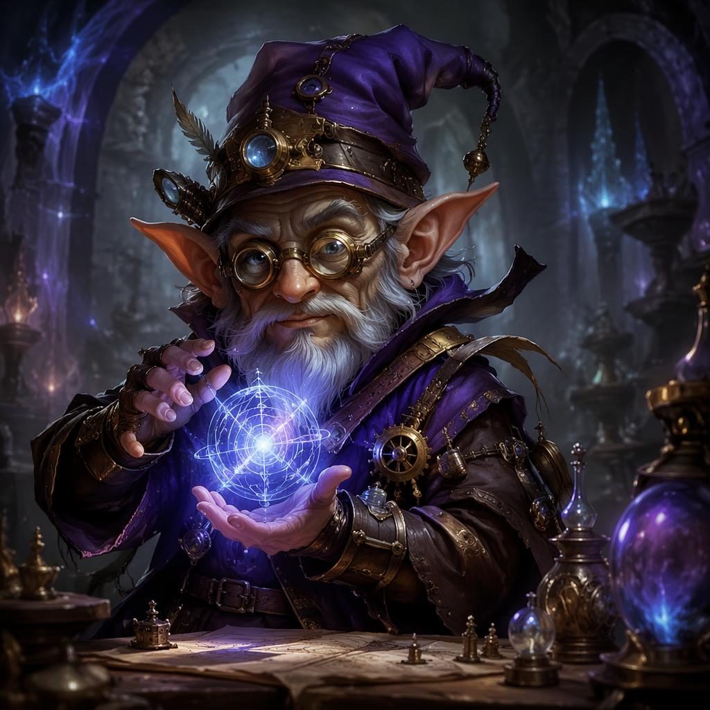 Semi-realistic portrait of a gnome artificer with mystical glow, atmospheric lighting, and a painterly fantasy background.