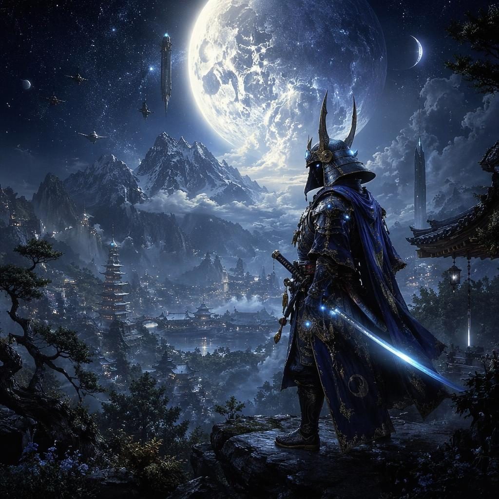 Realistic concept art of a moonlit samurai in a dark cosmic landscape with atmospheric lighting and painterly background