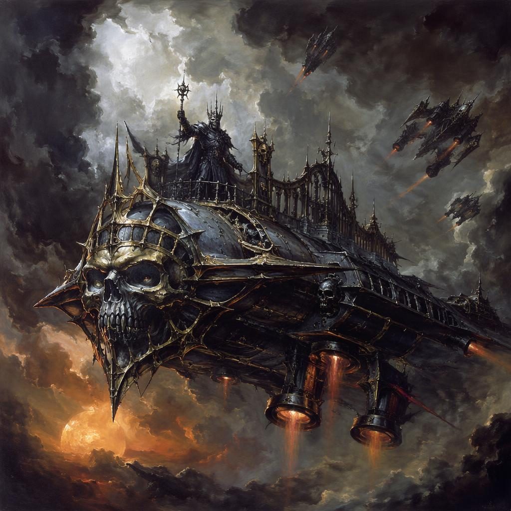 Undead lich king fused with a triumphant dieselpunk spaceship, painted in retro 1980s fantasy style with atmospheric light