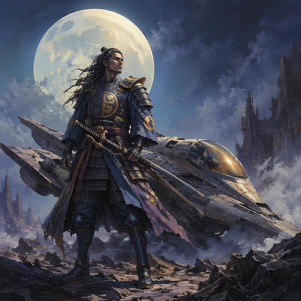 Retro 1980s fantasy concept art of a moonlit samurai-inspired starship in a post-apocalyptic sky, triumphant mood.