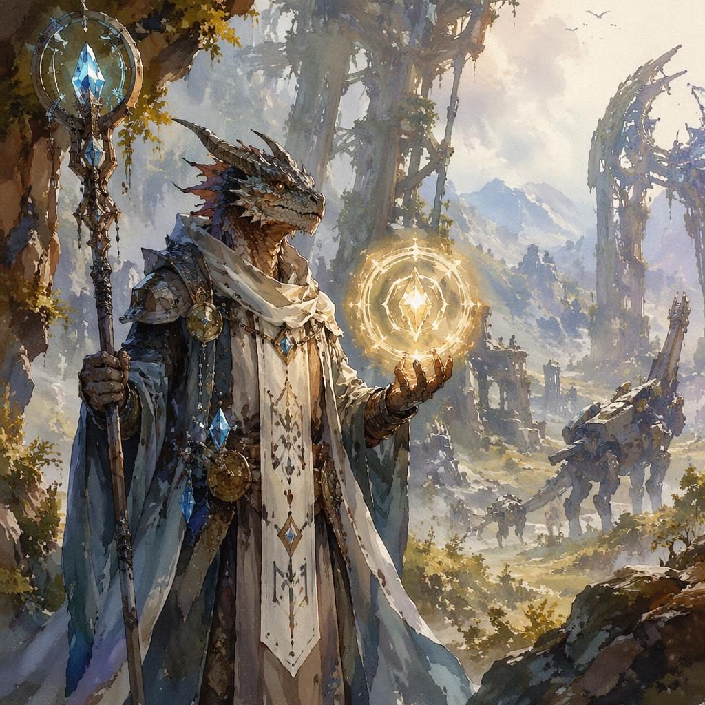 Watercolor fantasy concept art of a dragonborn cleric holding a glowing magical relic in a post-apocalyptic landscape.