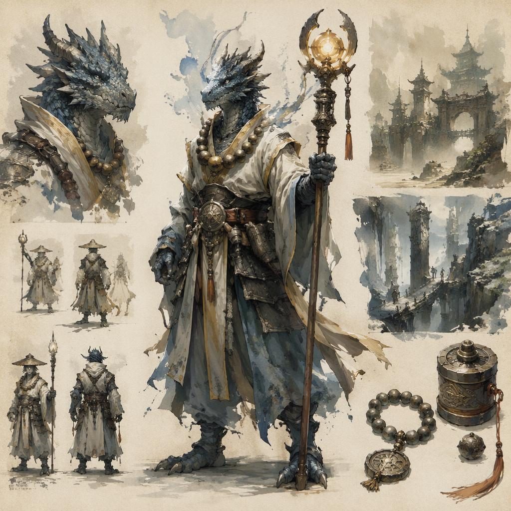 Watercolor fantasy concept art of a dragonborn cleric holding a glowing magical relic in a post-apocalyptic landscape.
