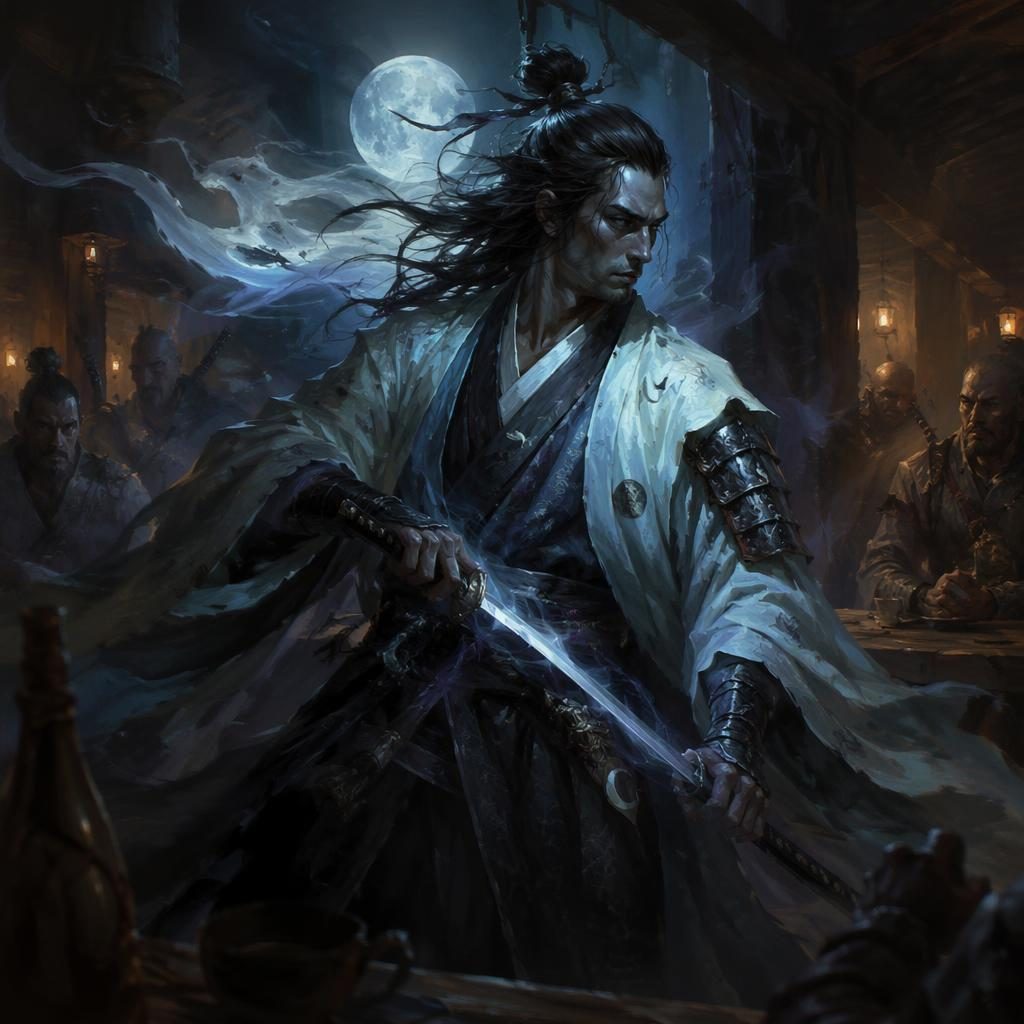 Painterly digital art of a moonlit samurai standing in a tavern interior with atmospheric lighting and heroic epic mood.