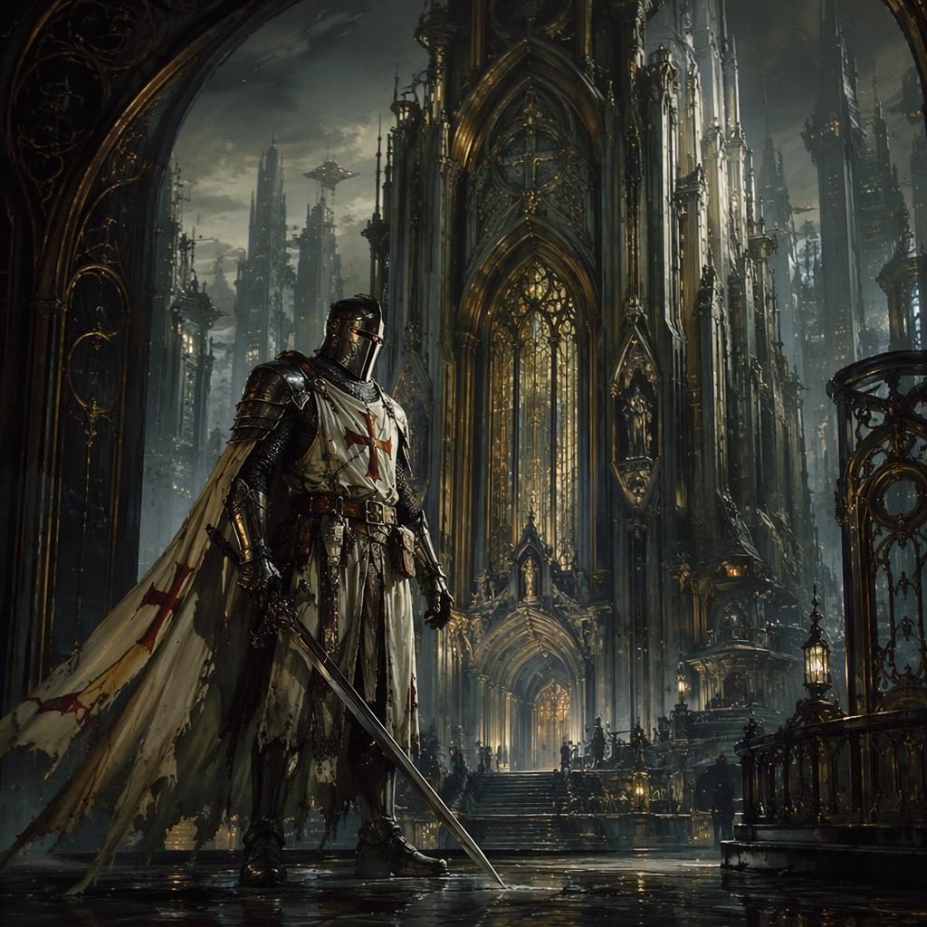 Cyberpunk human knight templar before an art nouveau fortress, with mysterious lighting and a painterly sci-fi backdrop.