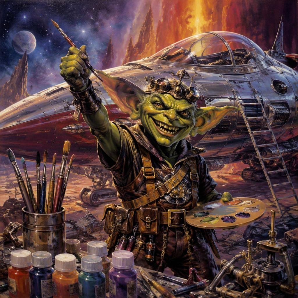 Triumphant goblin tinker beside a retro sci-fi starship, painted in 1980s fantasy style with glowing atmospheric light.