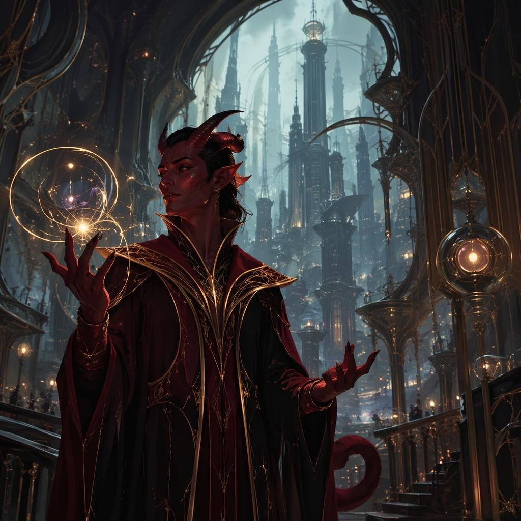 Tiefling sorcerer before a cyberpunk art nouveau tower, with atmospheric light and a mysterious painterly backdrop.