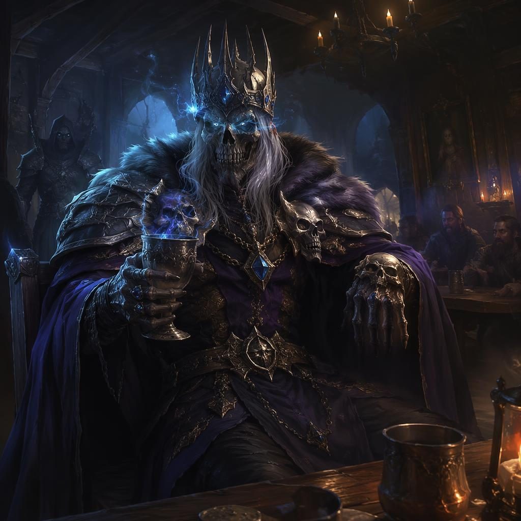 Painterly digital art of an undead lich king in a tavern interior, with atmospheric lighting and a heroic epic mood.