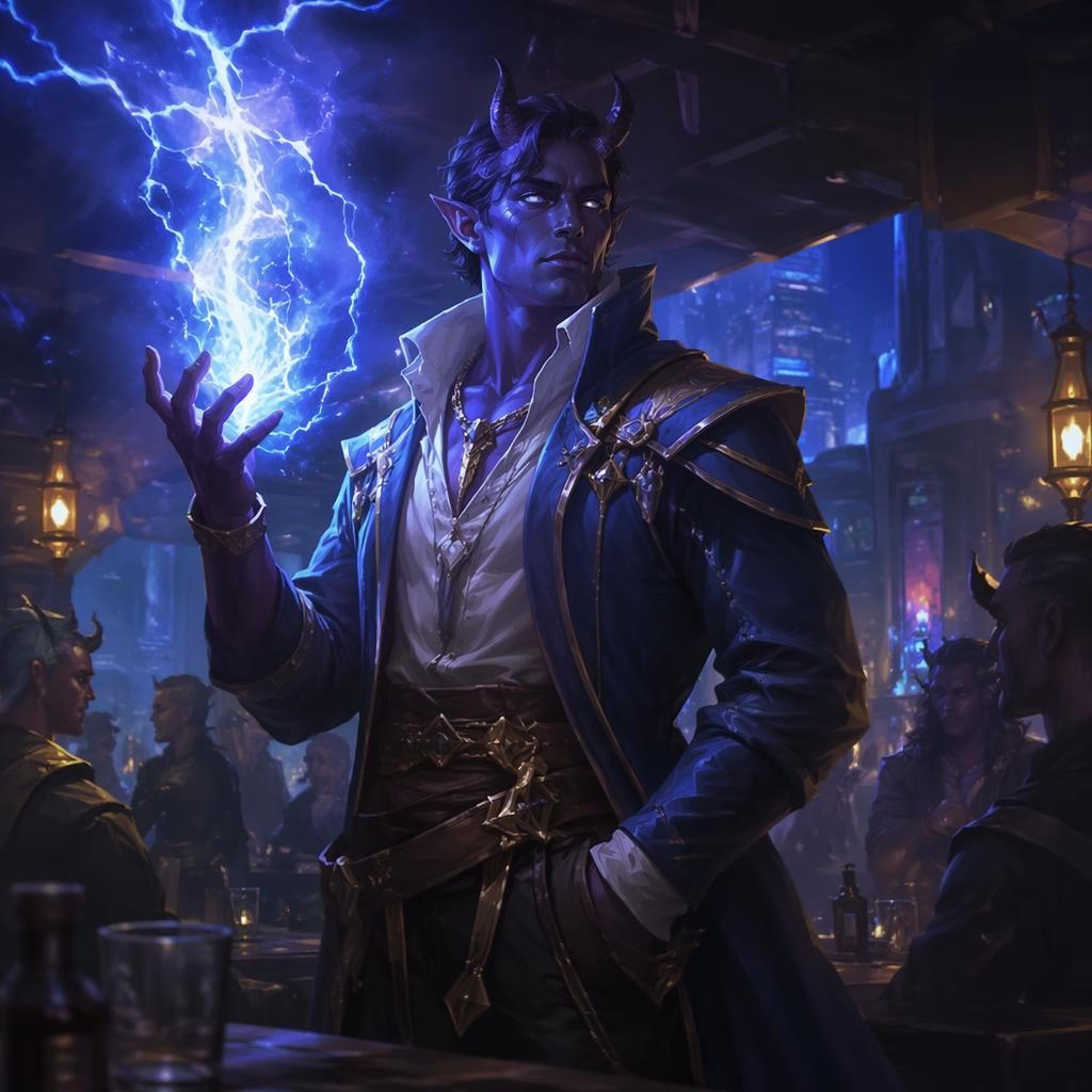 A horned tiefling sorcerer stands in a cyberpunk tavern interior, glowing with magic under atmospheric lighting.