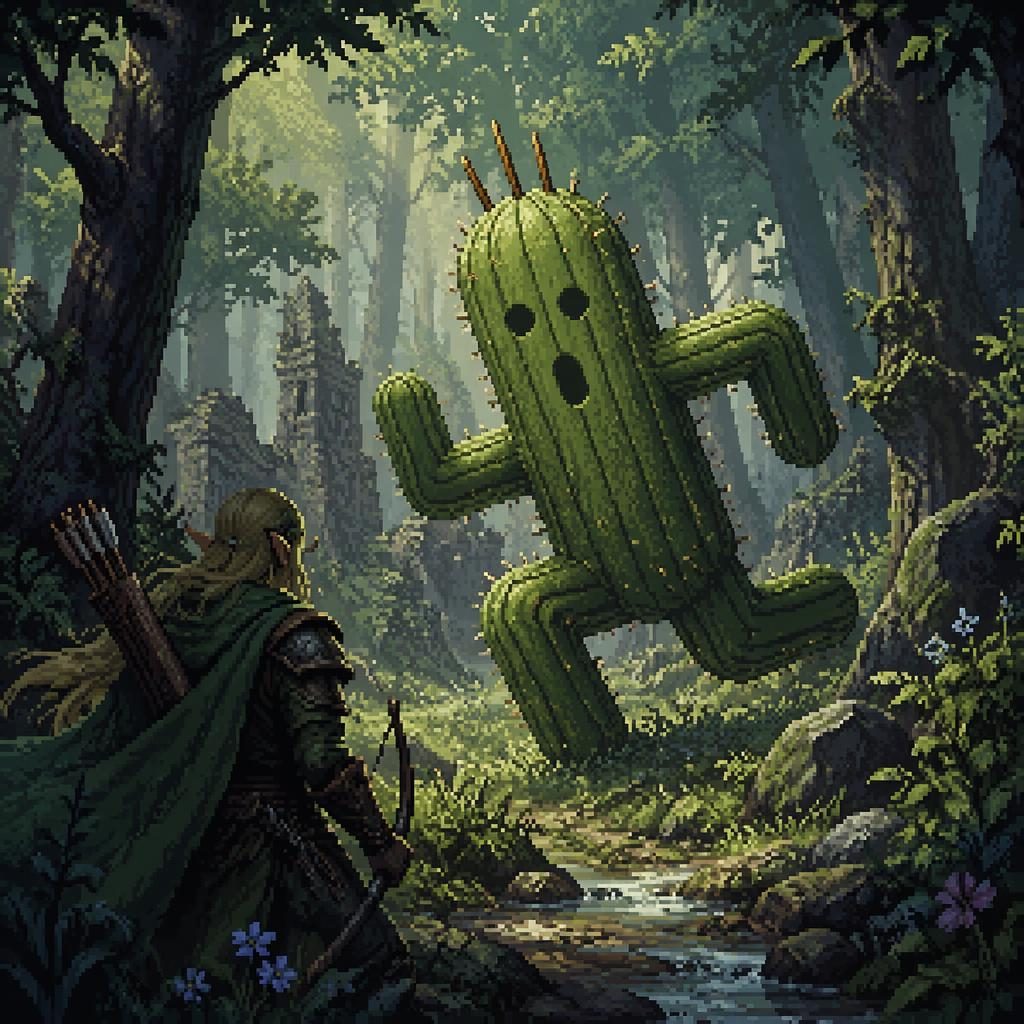 Pixel art of a melancholic elven ranger in a misty forest with atmospheric lighting and a painterly background.