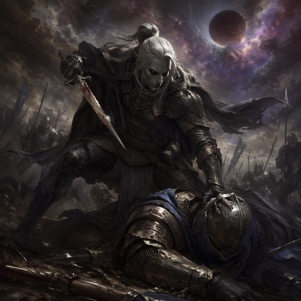 Dark elf assassin in ornate armor battles in a cosmic horror scene, painted in classical Renaissance style.