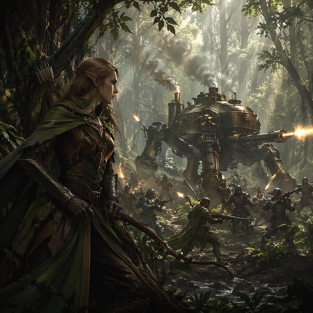 Rôdeur elfe en forêt dans une scène de bataille dieselpunk, lumière atmosphérique et style renaissance.