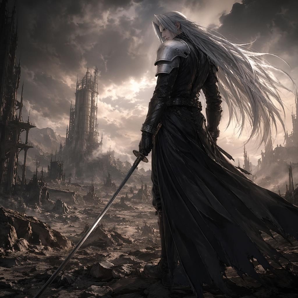 Anime fantasy wasteland with a lone nomad in dark attire, atmospheric lighting, sharp focal detail, and painterly ruins