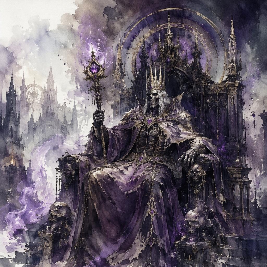 Watercolor fantasy illustration of an undead lich king with a glowing magical relic in a post-apocalyptic landscape