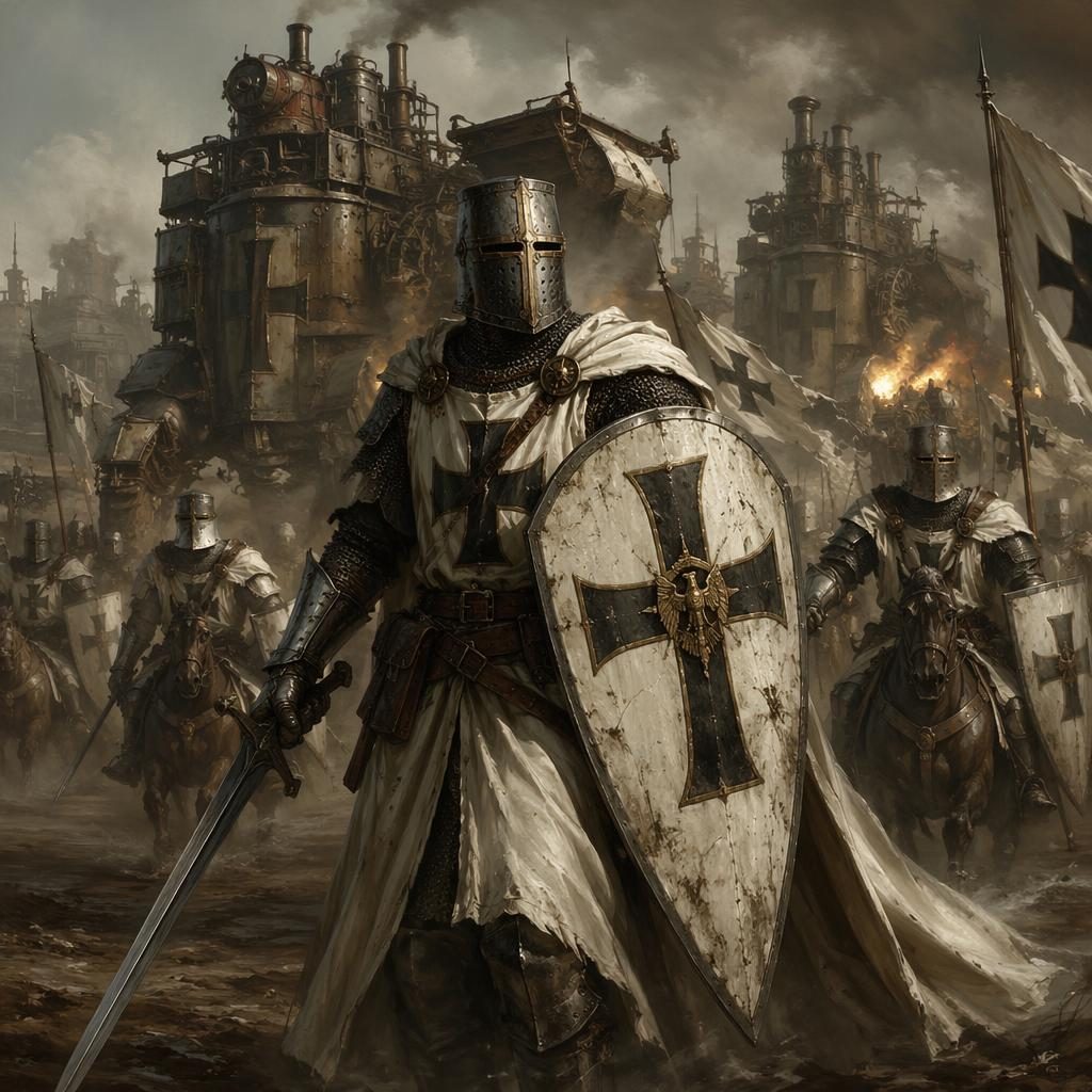 Human knight templar in a dieselpunk battle scene, painted in classical Renaissance style with atmospheric light