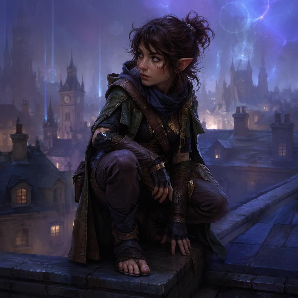 Semi-realistic portrait of a halfling rogue in urban fantasy attire, lit by ethereal atmospheric light with a painterly backdrop.