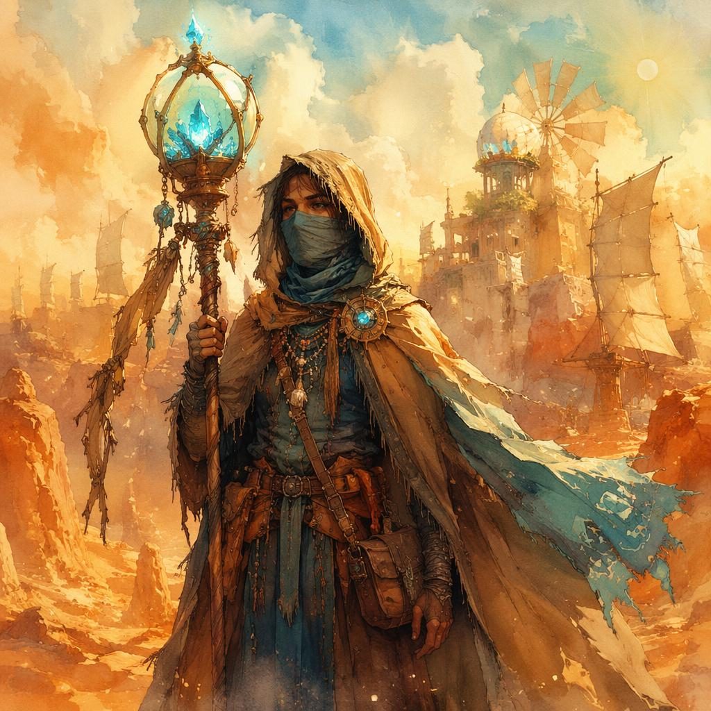 Watercolor fantasy art of a glowing magical relic carried by a wasteland nomad in a solarpunk desert landscape