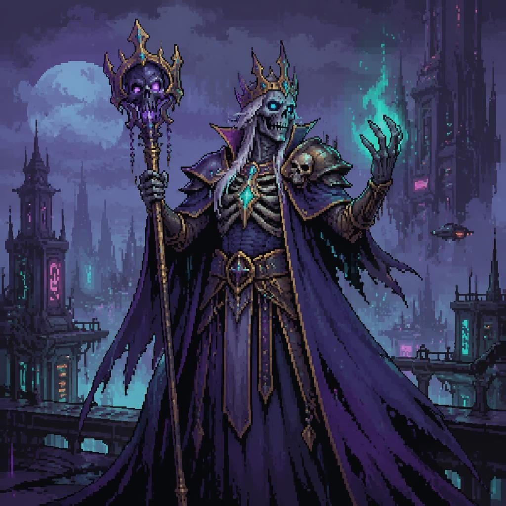 Pixel art cyberpunk undead lich king with melancholic mood, glowing details, atmospheric lighting, and painterly backdrop.