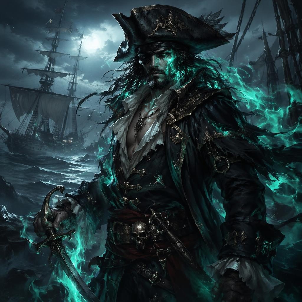 Semi-realistic portrait of a cursed sea pirate with mystical glow, atmospheric lighting, and a painterly fantasy background.
