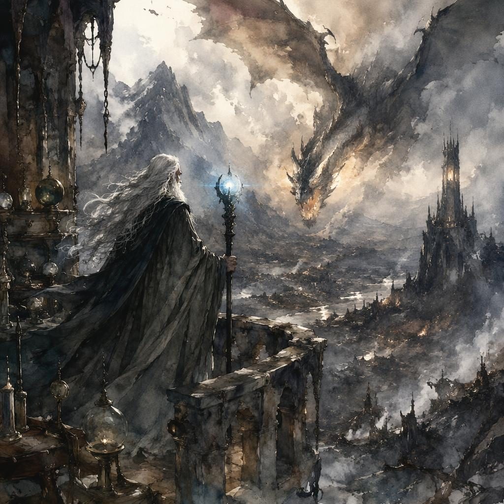 Watercolor fantasy concept art of a magical relic guarded by a mage tower keeper in a post-apocalyptic tower.