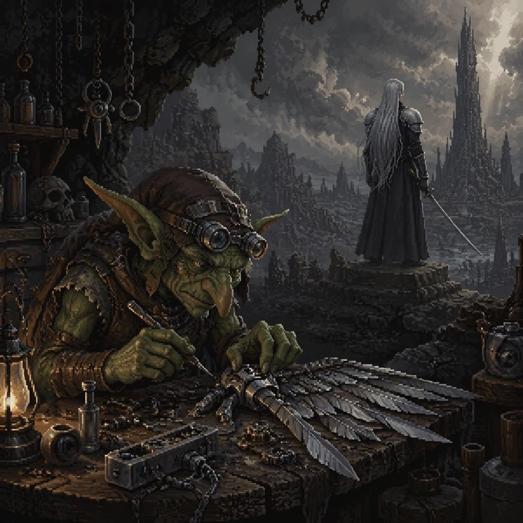Melancholic pixel art of a goblin tinker in fantasy workshop light with sharp detail and a painterly background.