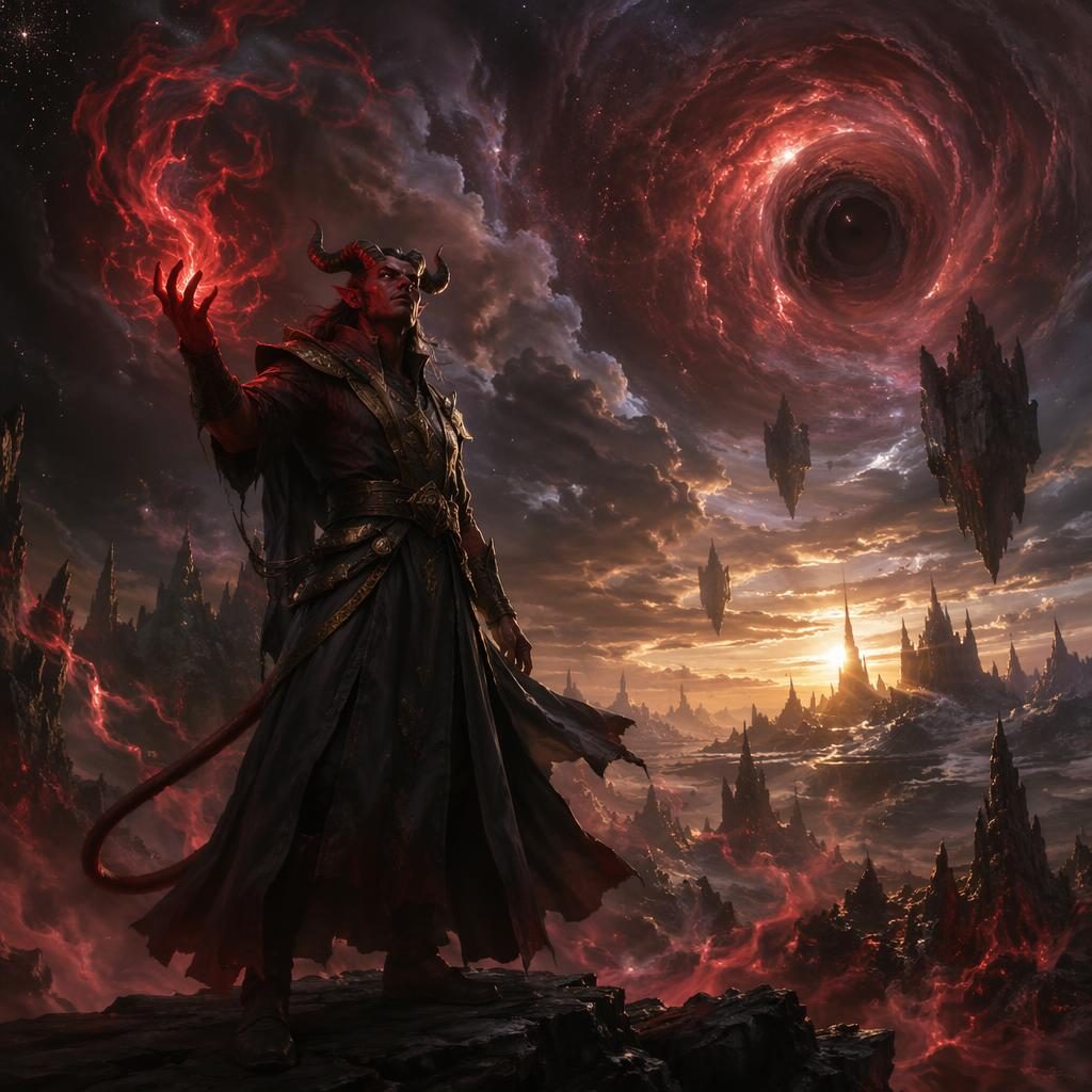Realistic concept art of a tiefling sorcerer in a dark cosmic landscape with atmospheric lighting and painterly background.