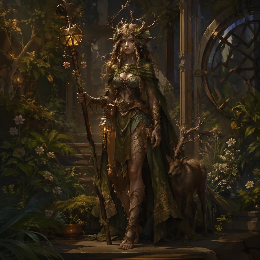 Full-body wood nymph druid in solarpunk style, painted in dark moody oils with warm atmospheric lighting.