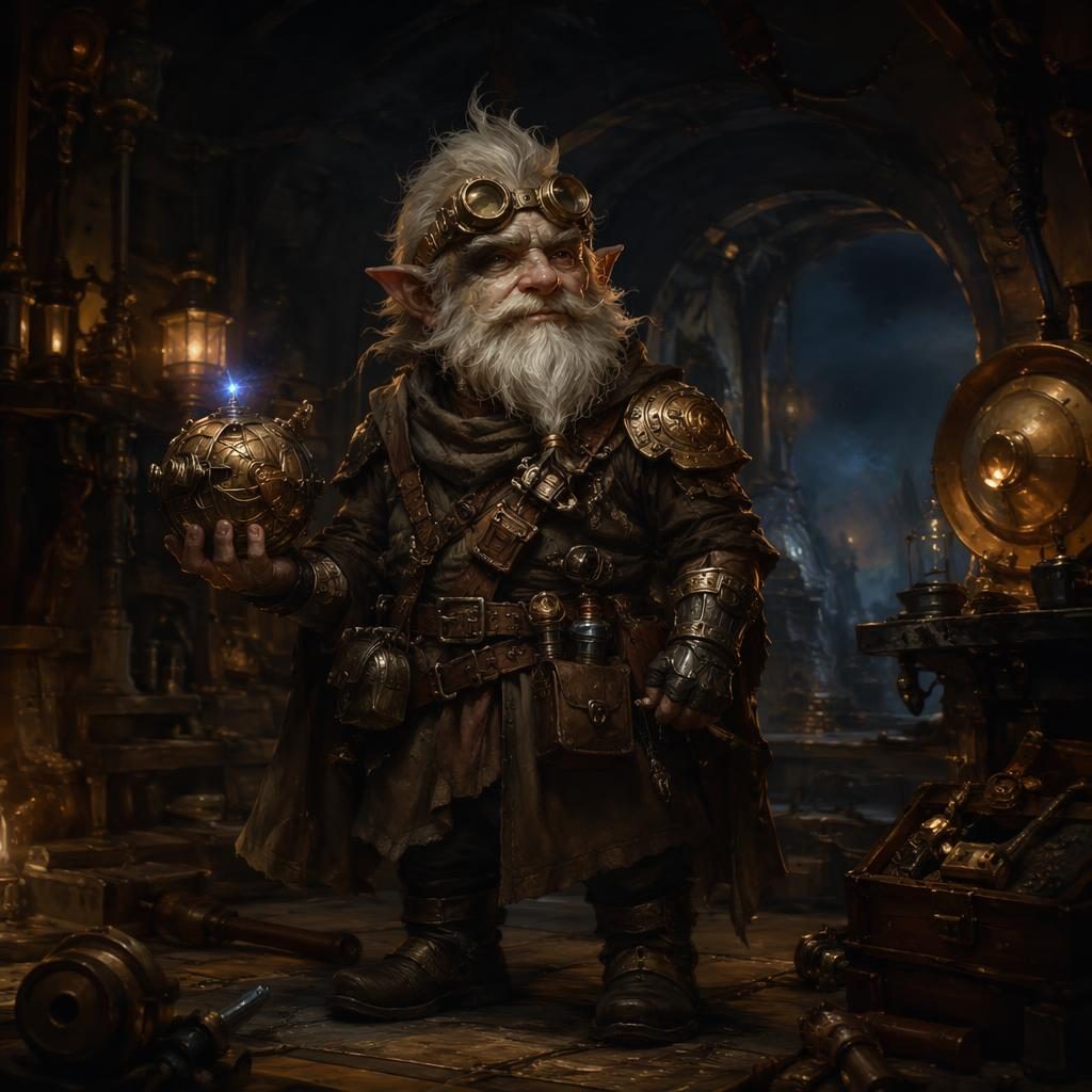 Full-body gnome artificer in sci-fi space opera armor, painted in a dark moody oil style with warm cozy lighting.