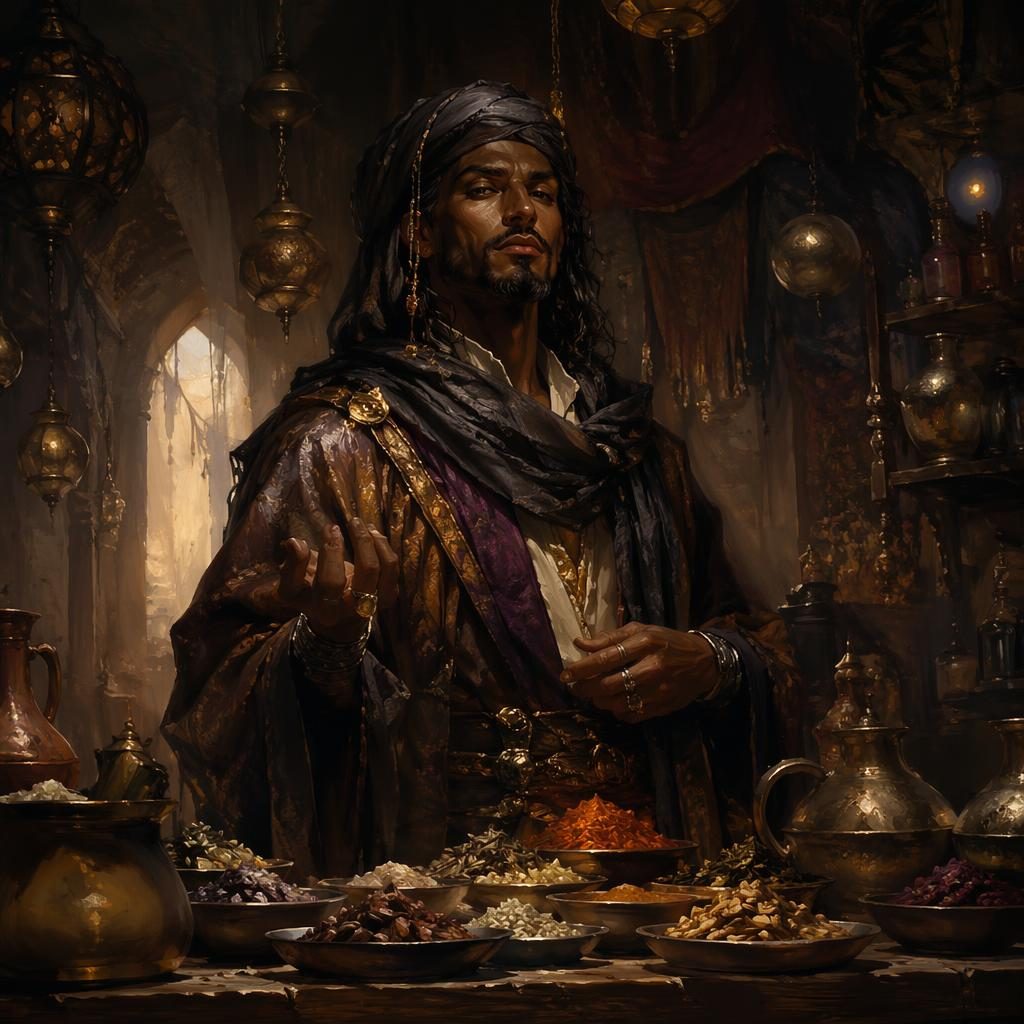 Painterly concept art of a desert spice trader inside a tavern, with atmospheric light, rich textiles, and sharp focus.
