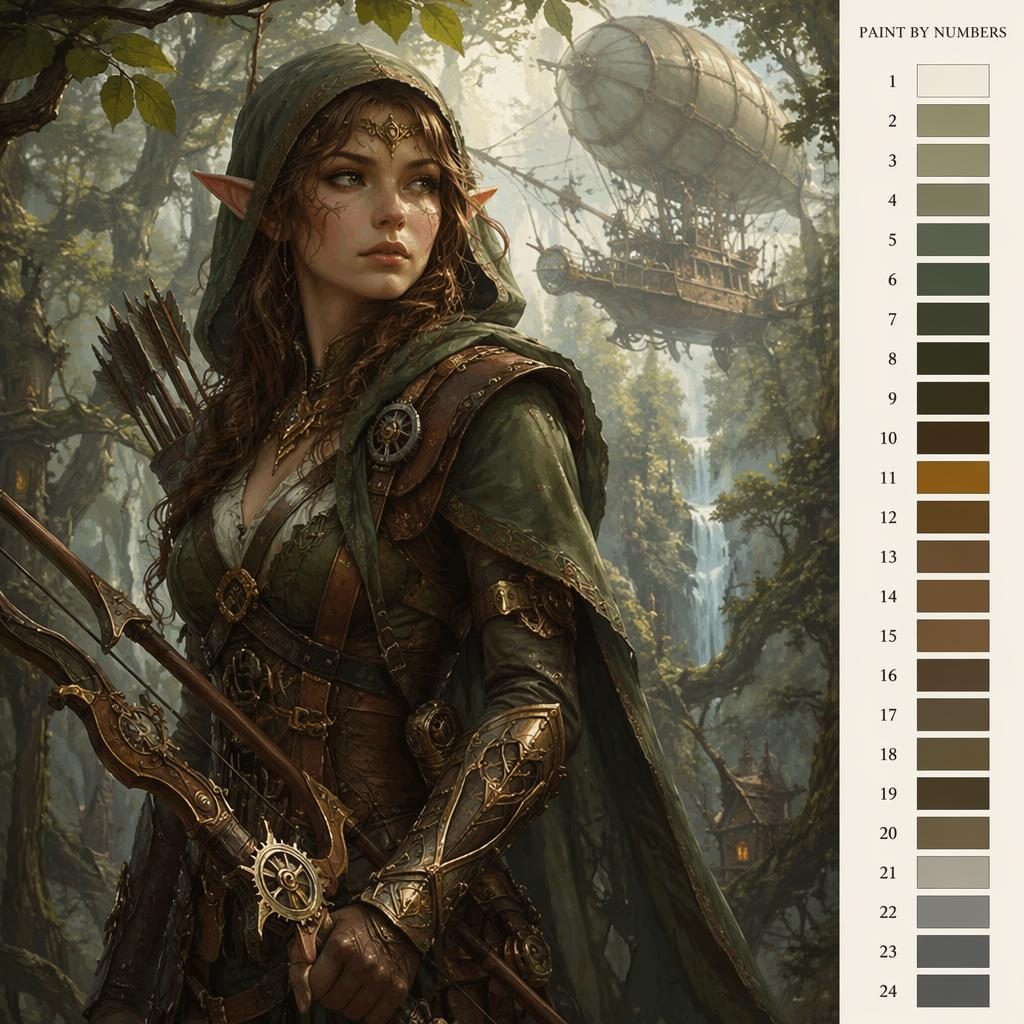 Semi-realistic portrait of an elven ranger in a mystical forest with steampunk details, atmospheric light, and painterly background.