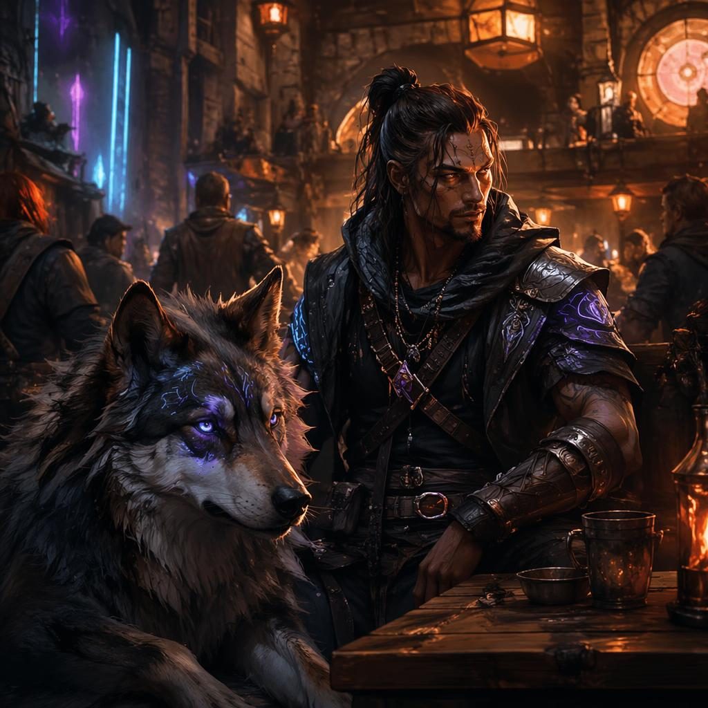 Heroic beastmaster with a wolf companion in a cyberpunk tavern interior, painterly lighting and sharp focal detail.