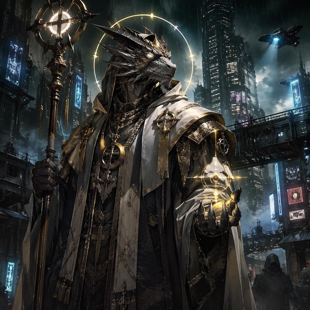 Anime-style cyberpunk city environment with a dragonborn cleric in glowing armor, atmospheric lighting, and grim urban detail