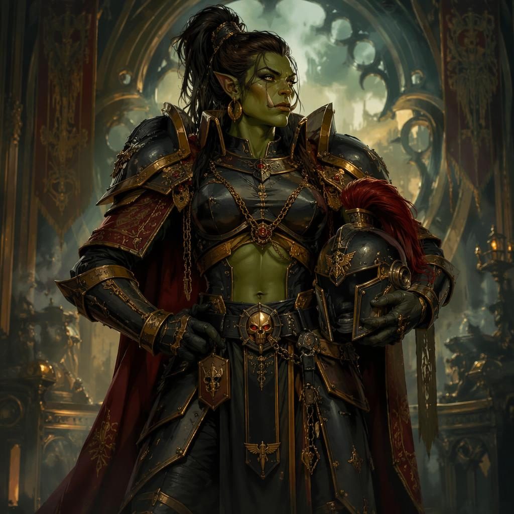 Female orc space marine commander beside ornate art nouveau architecture, with mysterious lighting and painterly sci-fi detail.