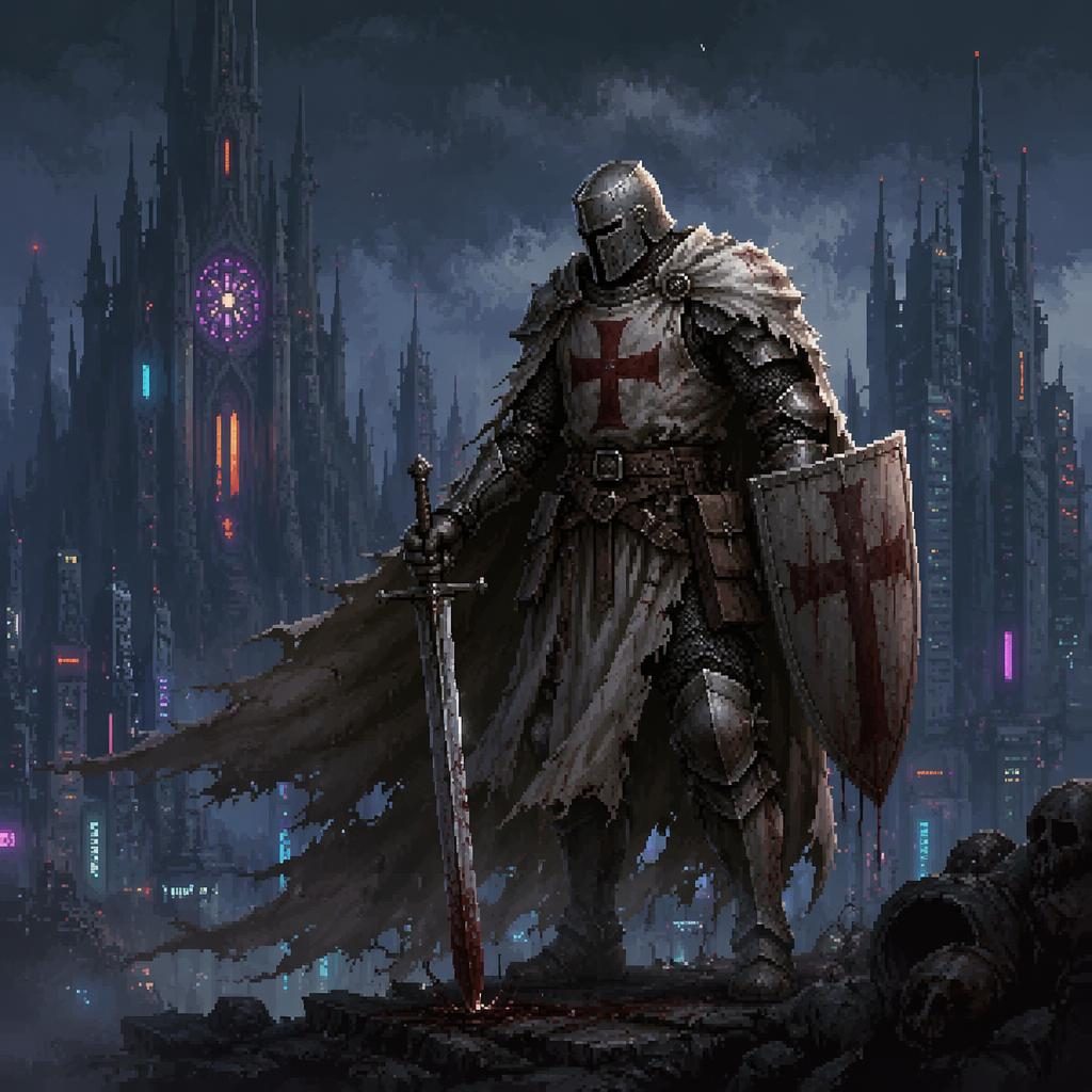 Melancholic cyberpunk human templar knight in pixel art, atmospheric lighting, sharp armor detail, painterly backdrop.