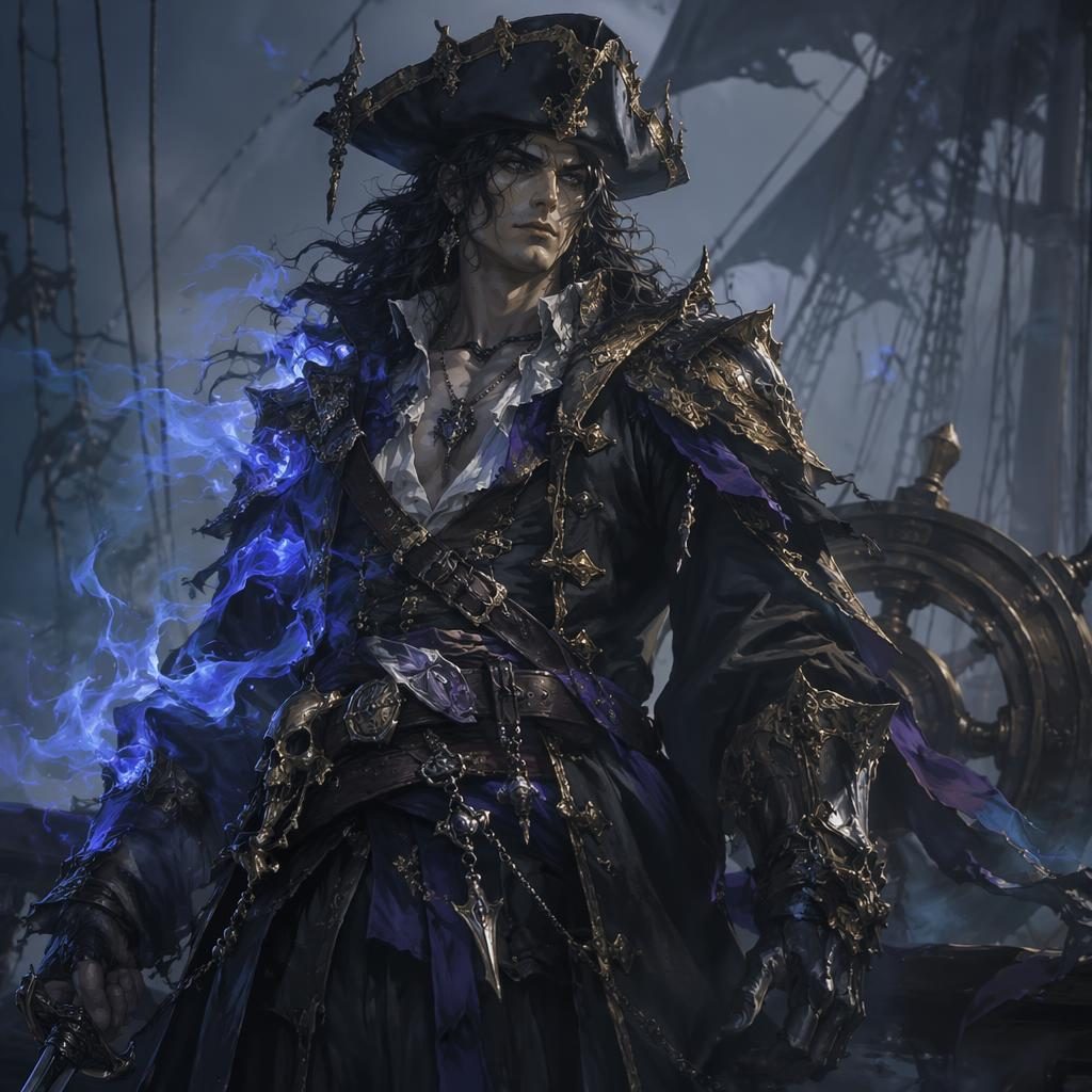 Semi-realistic portrait of a cursed sea pirate with mystical glow, medieval attire, atmospheric lighting, and painterly backdrop