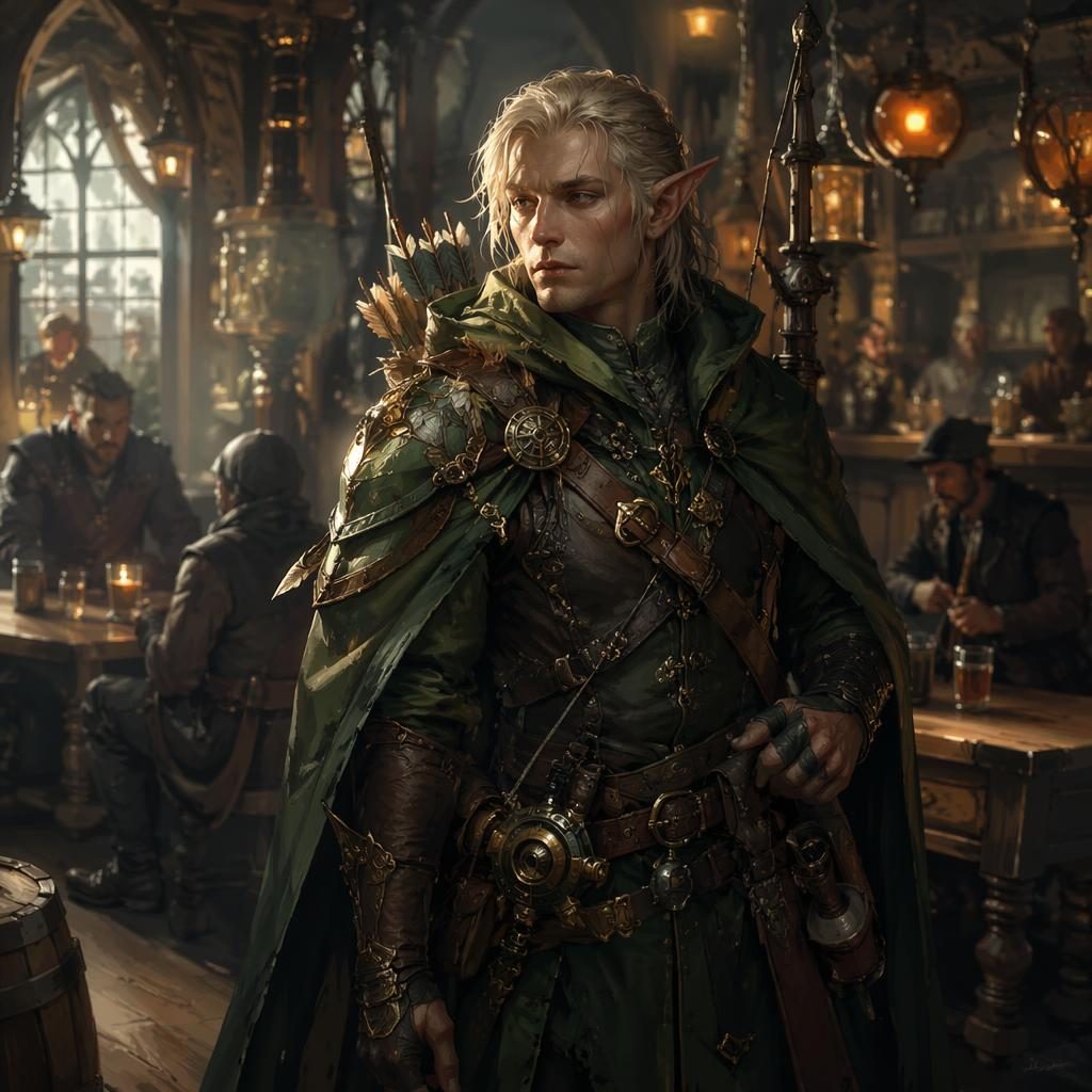 Painterly digital art of an elven ranger inside a steampunk tavern, with atmospheric lighting and sharp focal detail.