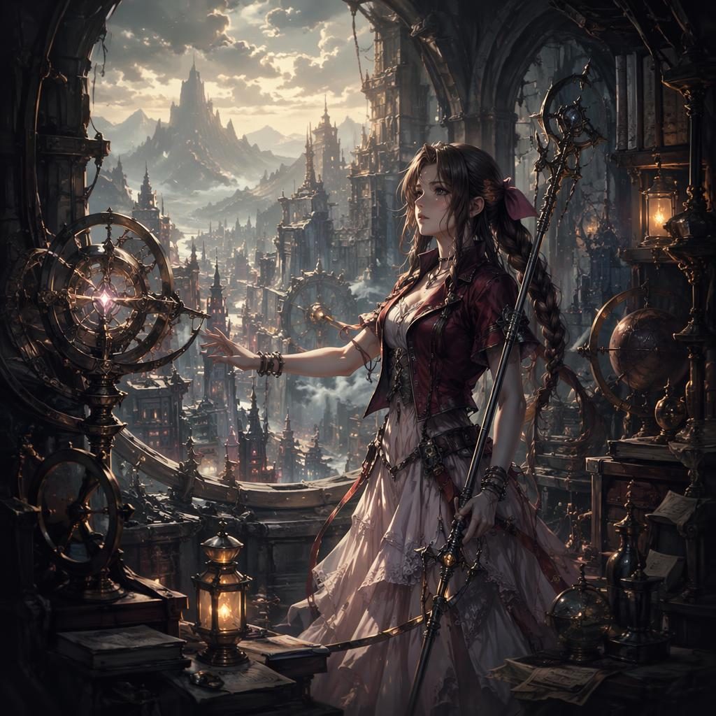 Steampunk mage tower interior with a lone keeper, grim atmosphere, glowing machinery, and anime-style fantasy detail