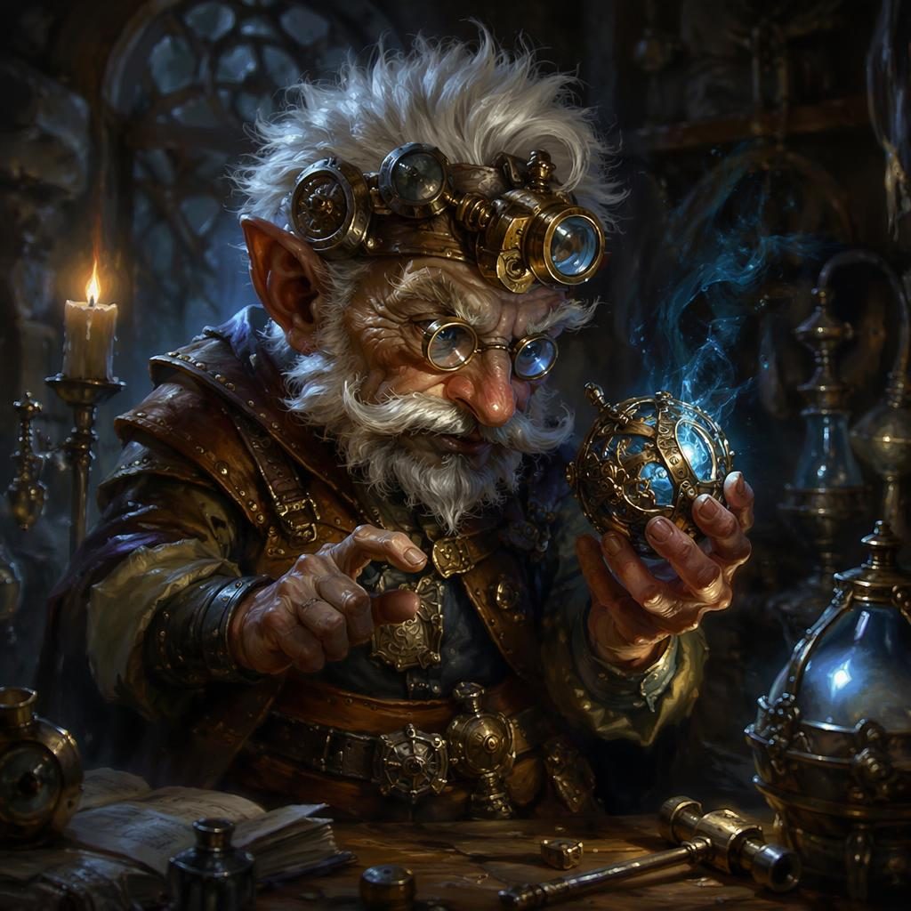Semi-realistic portrait of a mystical gnome artificer in medieval fantasy attire with atmospheric lighting and painterly background.