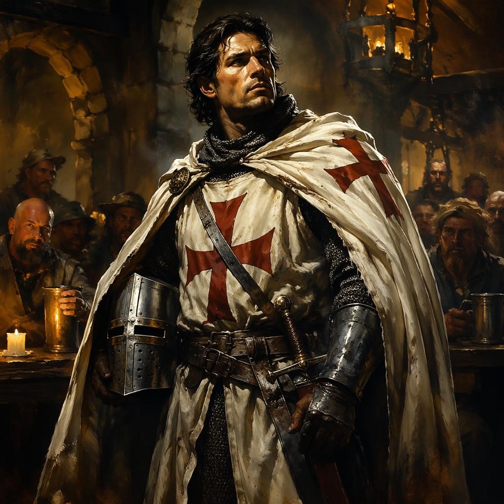 Human knight templar in armor stands heroically inside a tavern, with atmospheric light and a painterly fantasy interior.