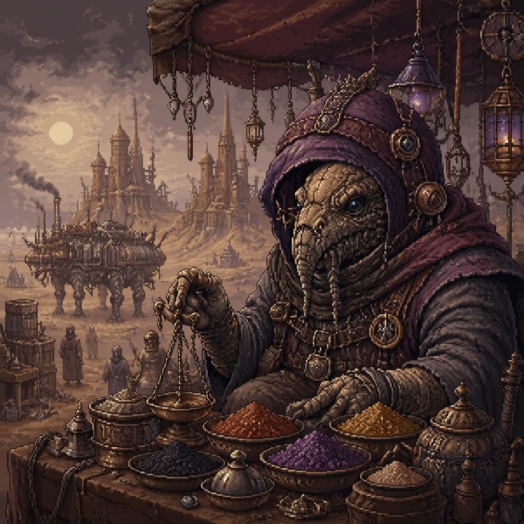 Pixel art of a melancholic desert spice trader creature in steampunk attire under atmospheric desert lighting