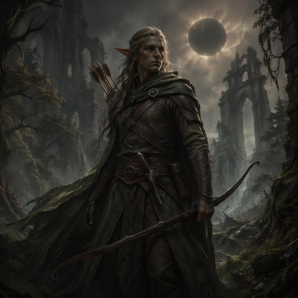 Realistic concept art of an elven ranger in a dark post-apocalyptic forest with atmospheric light and painterly background.