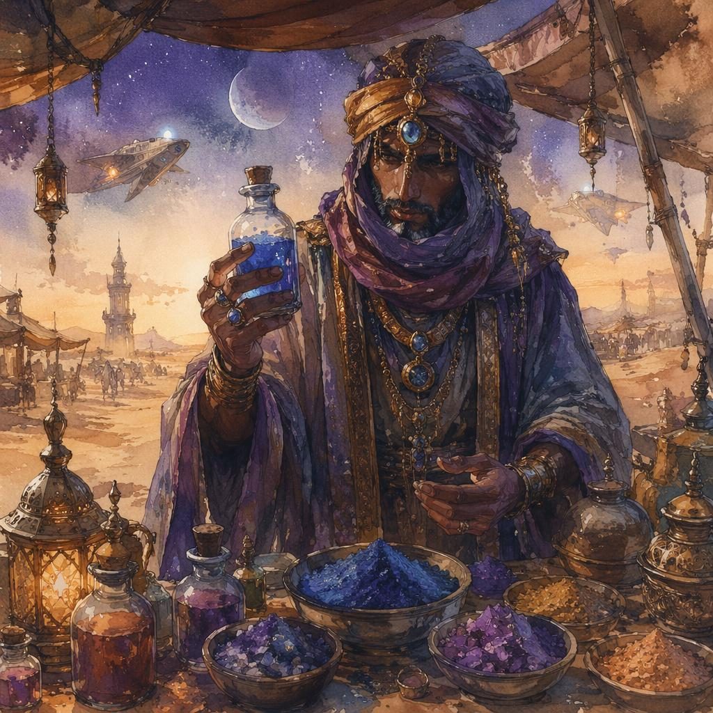 Watercolor fantasy illustration of a desert spice trader with glowing magical items in a sci-fi space opera market.
