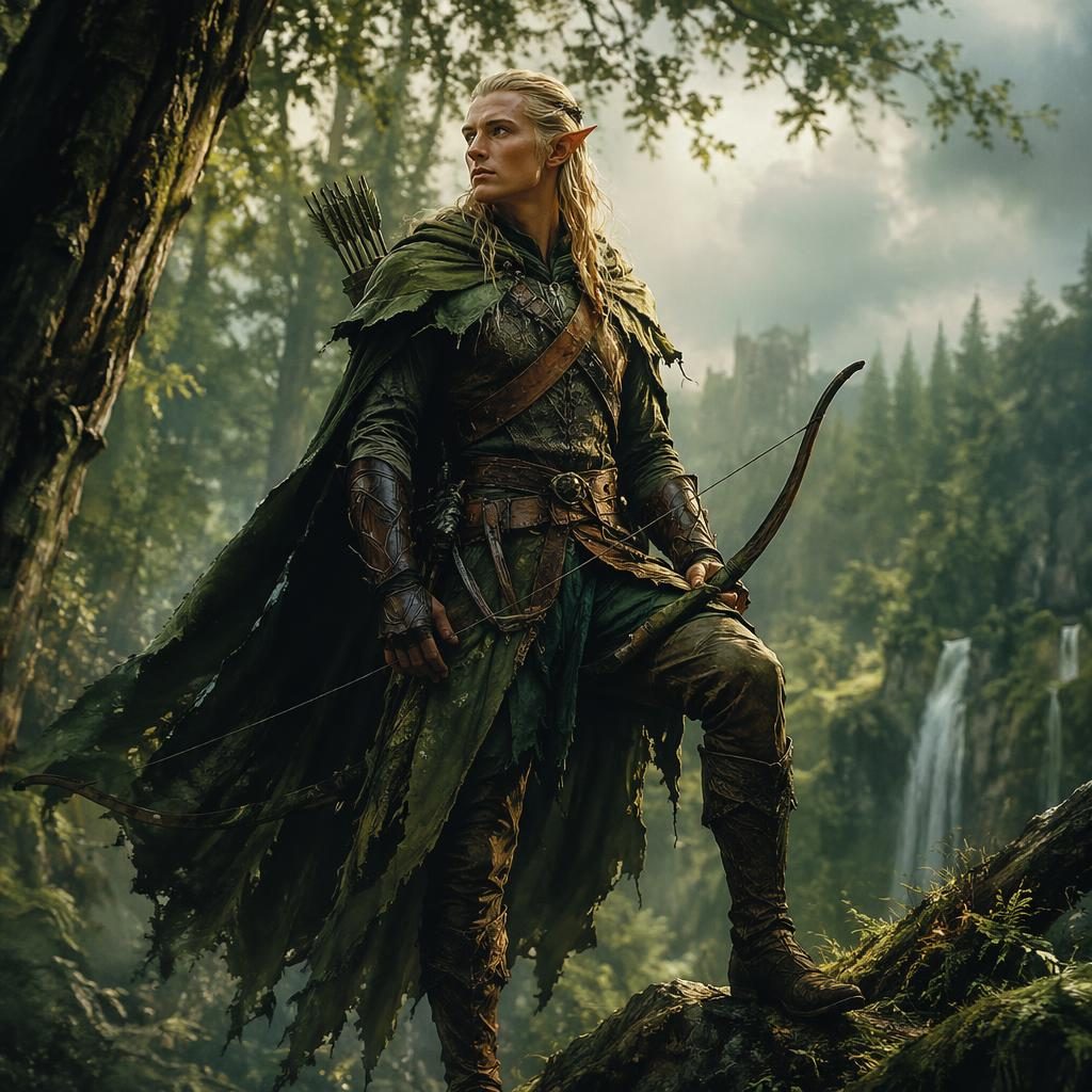 Triumphant elven ranger vehicle in a dark forest, painted in retro 1980s fantasy style with atmospheric light