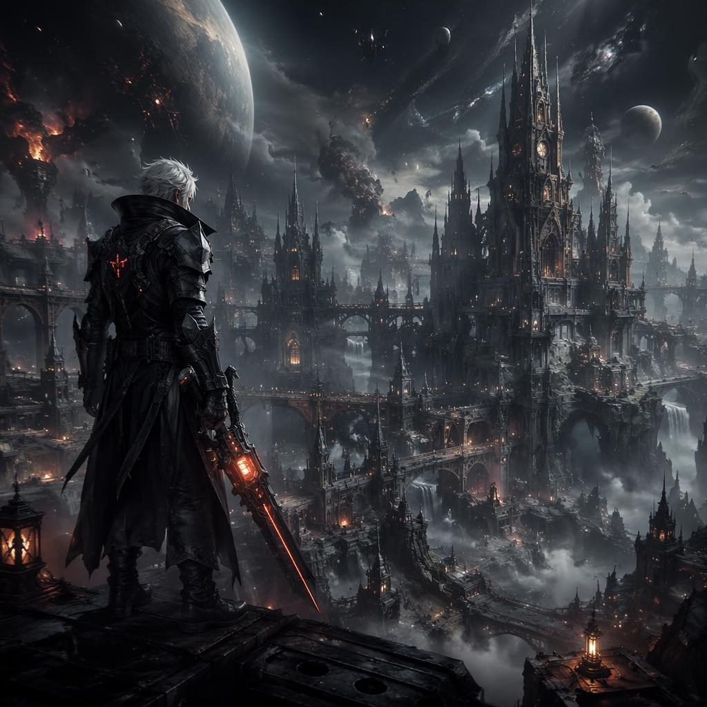 Realistic cyberpunk demon hunter in a dark dieselpunk cosmic landscape with atmospheric lighting and sharp focal detail.