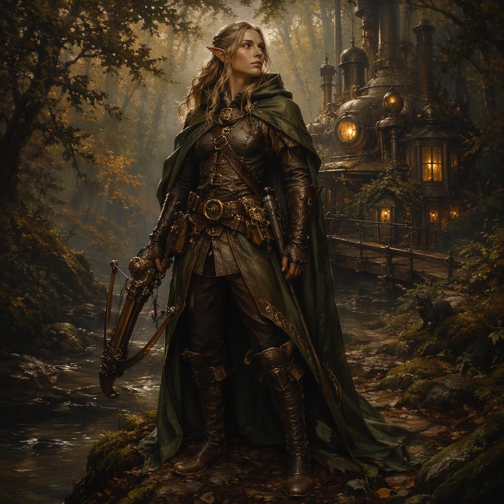 Full-body elven ranger in a forest, dieselpunk-inspired dark oil painting with warm atmospheric light