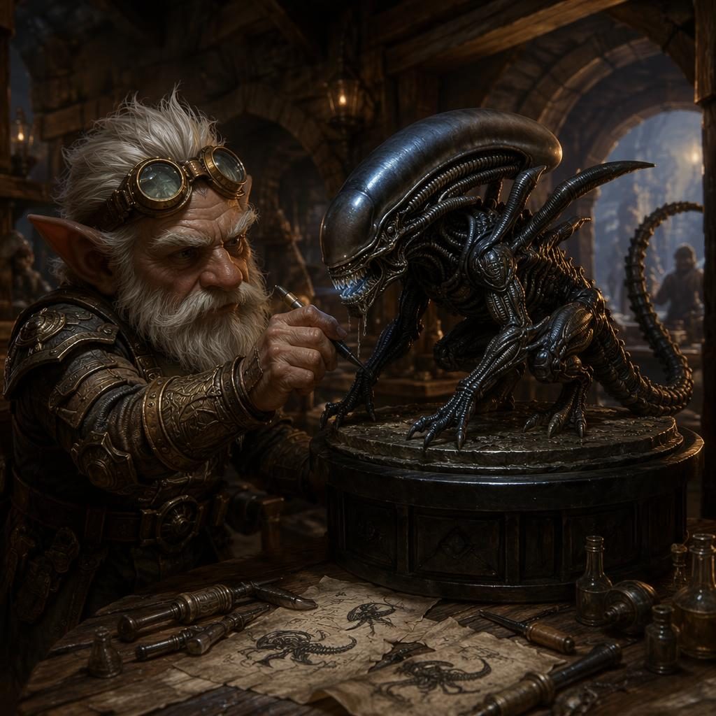 Heroic gnome artificer inside a medieval tavern, with tools, glowing devices, atmospheric light, and painterly detail.