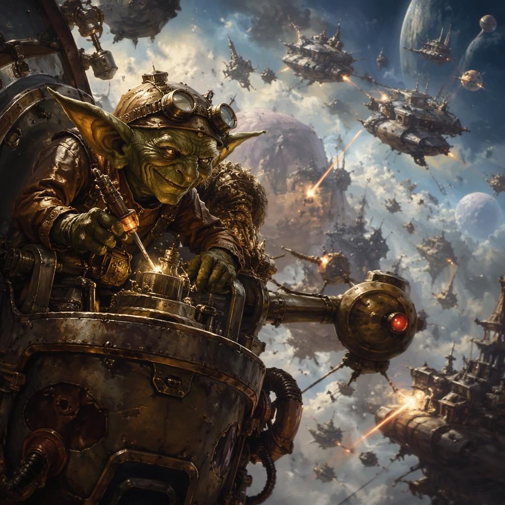 Goblin tinker in ornate Renaissance-inspired armor amid a sci-fi space battle, with atmospheric light and painterly detail.